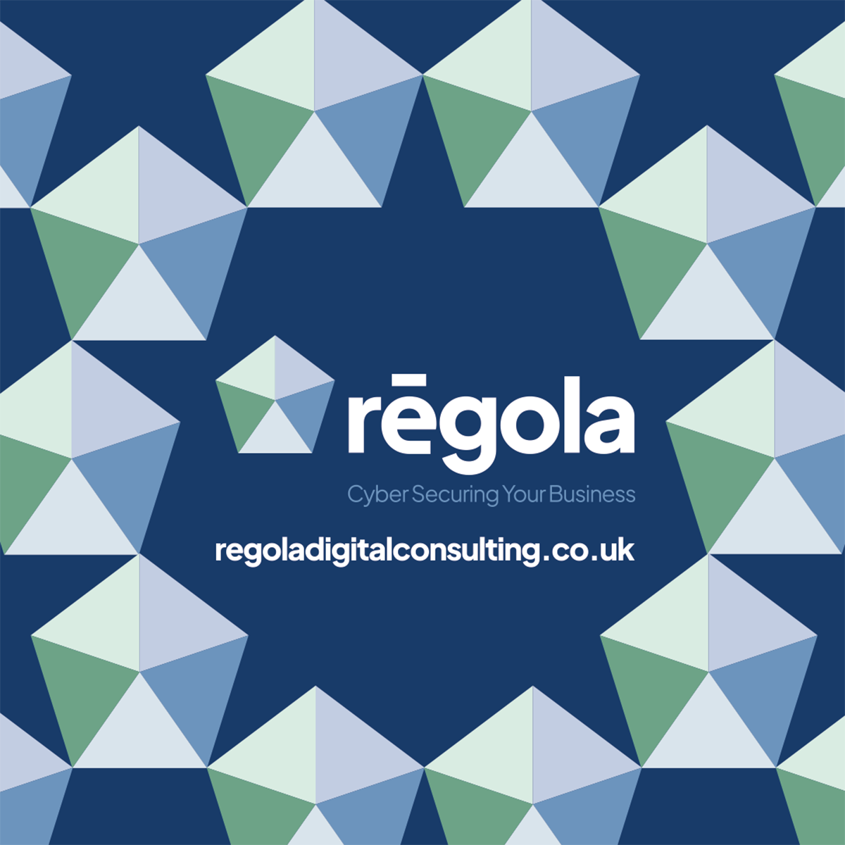 Square Regola coaster design with a central logo surrounded by a blue, green and white geometric pattern.