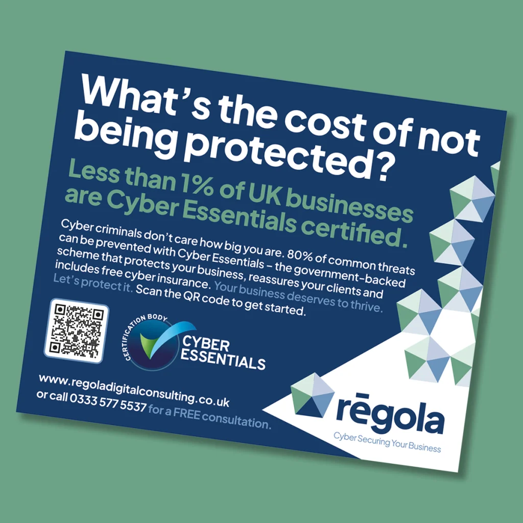 Regola A6 advert with the headline “What’s the cost of not being protected?”, a QR code and blue and green branding.