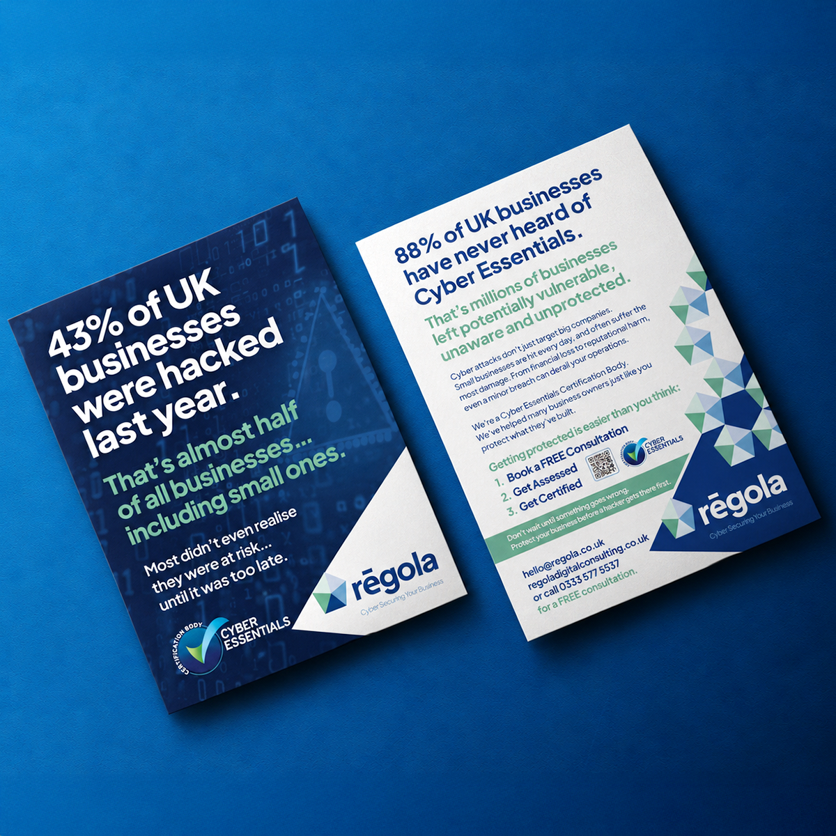 Front and back of Regola’s cyber security leaflet, featuring the refreshed branding and Cyber Essentials information.