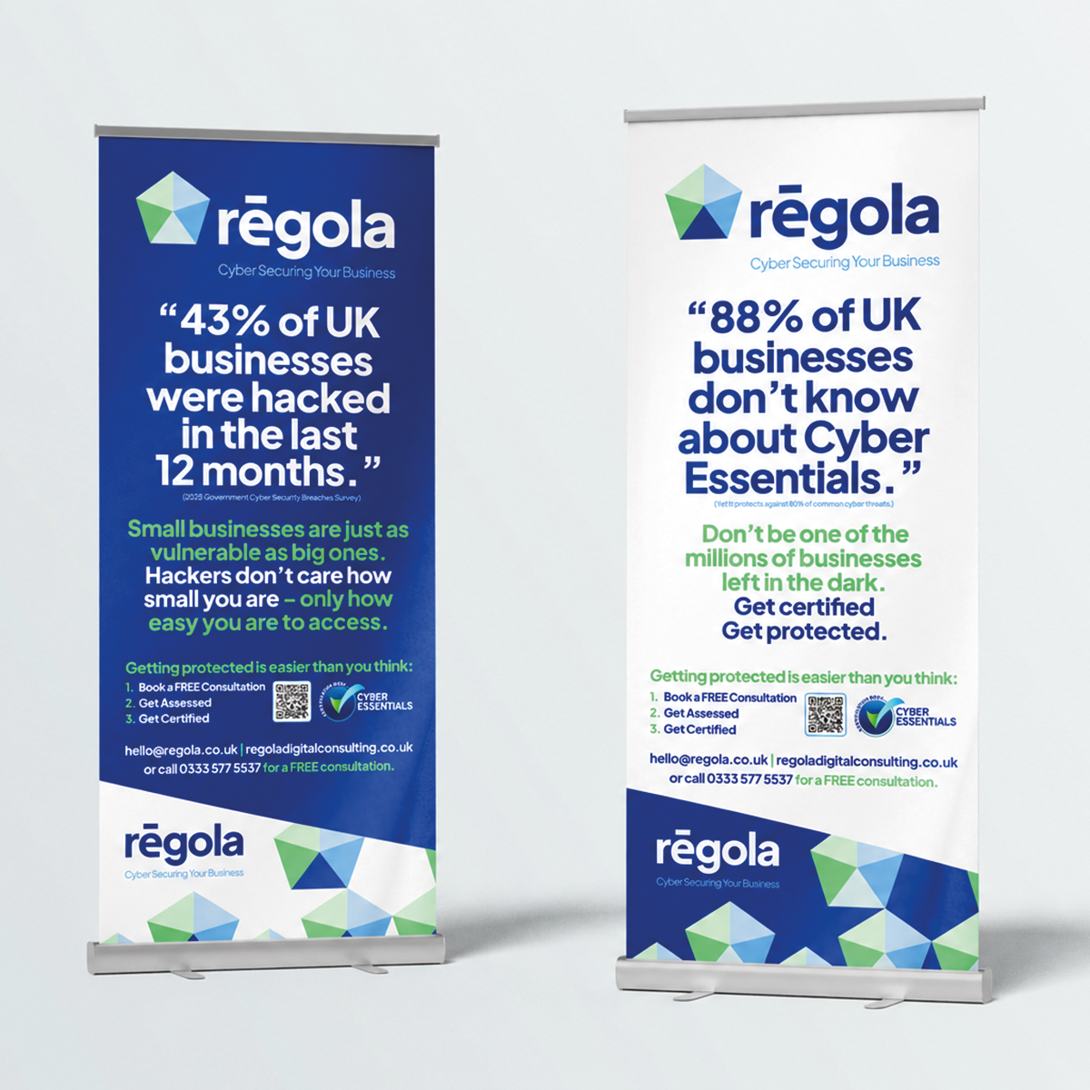Two Regola roll-up banners highlighting cyber security risks and Cyber Essentials certification.