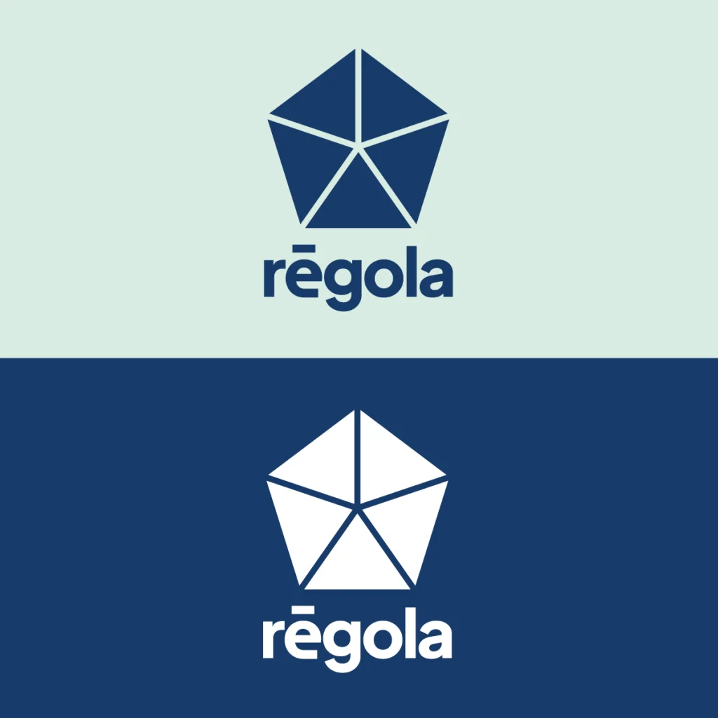 Regola logo variations showing a dark blue logo on pale green and a white logo on dark blue.
