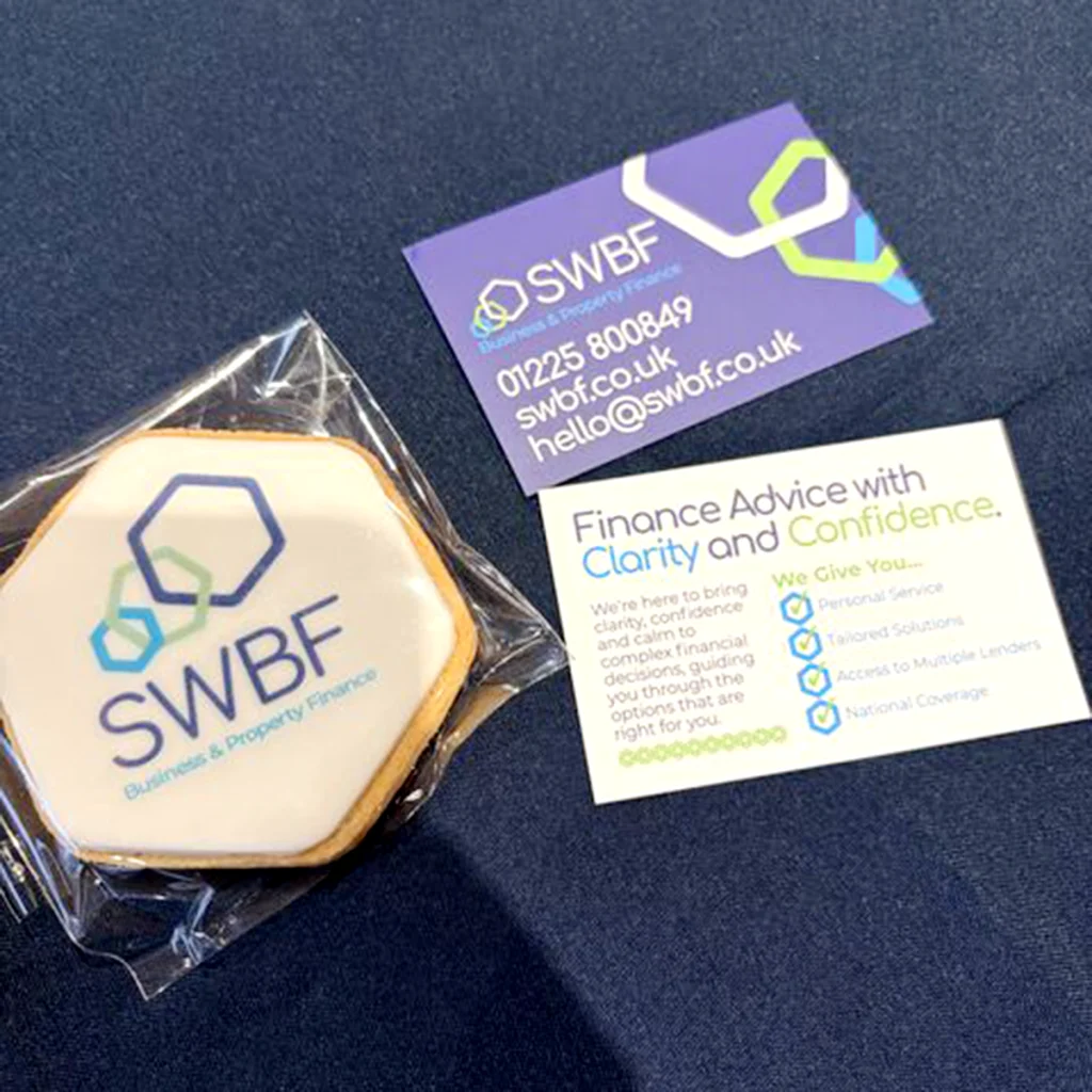 SWBF logo biscuit displayed alongside branded business cards