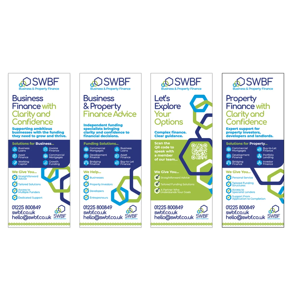 Four SWBF branded roller banner designs for business and property finance
