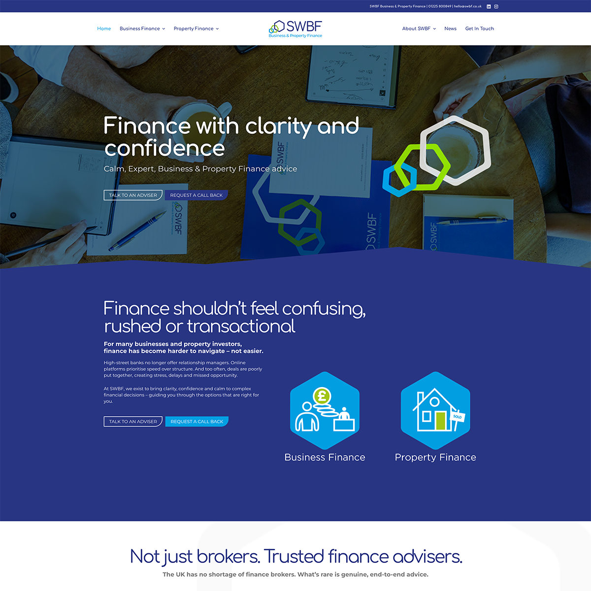 New SWBF website homepage with Business Finance and Property Finance options