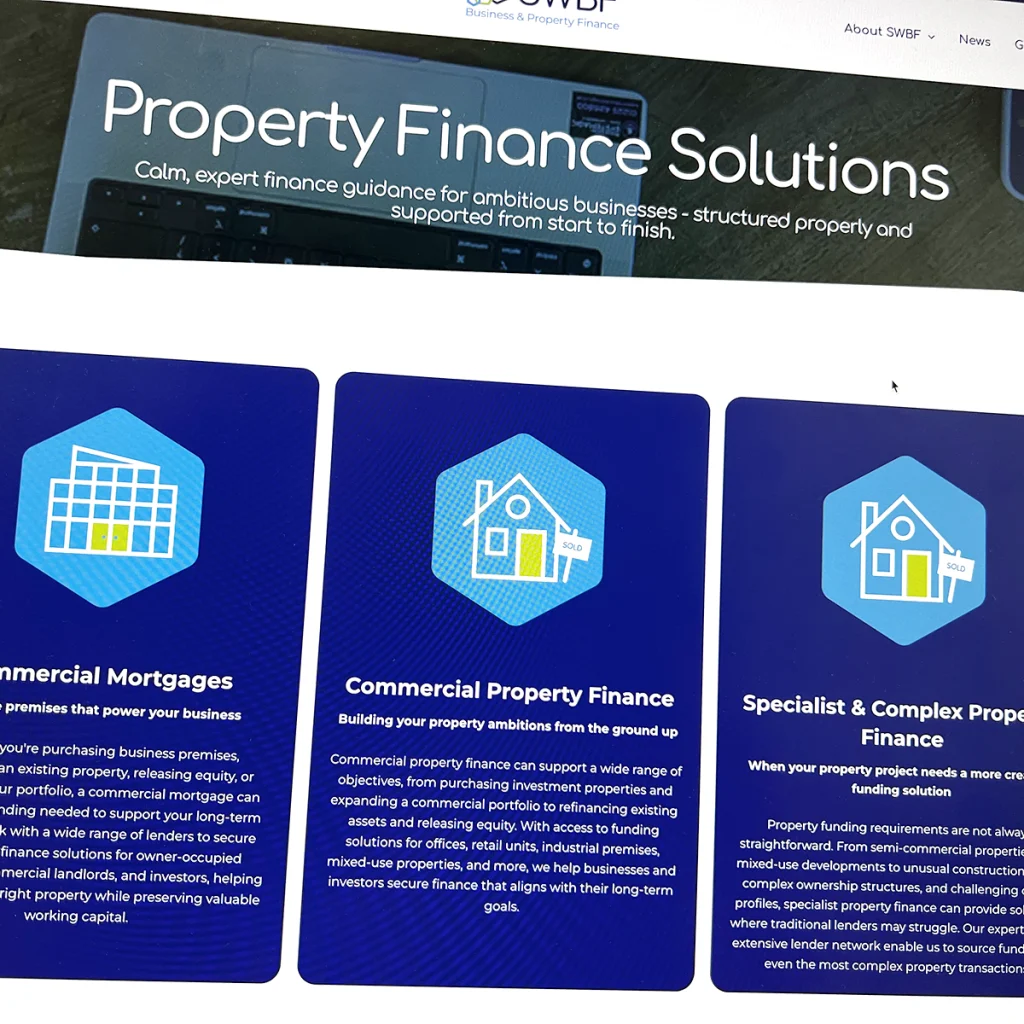 SWBF Property Finance solutions webpage displayed on screen