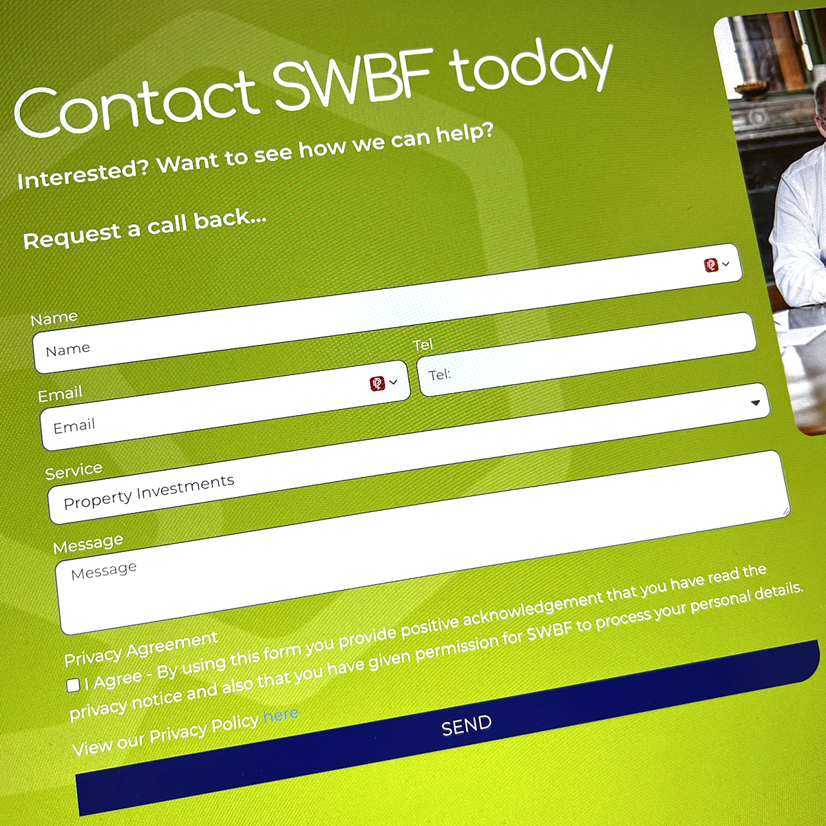 SWBF website contact form in the refreshed blue and green branding